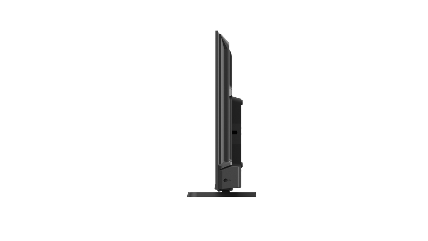 Se ve un televisor de pantalla plana negro de lado. Tiene forma rectangular con una base. El fondo es blanco liso.