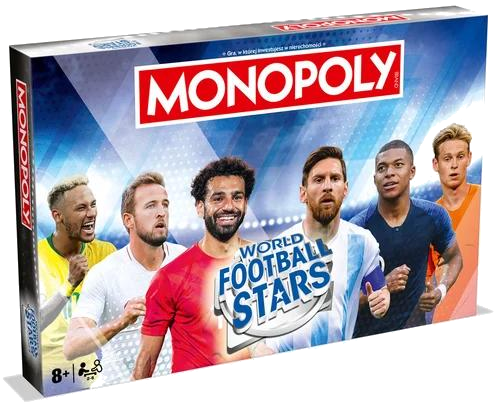Pudełko Monopoly World Football Stars. Przedstawia piłkarzy Neymara, Kane'a, Salaha, Messiego, Mbappe i De Jonga. Dominują kolory niebieski, biały i czerwony.