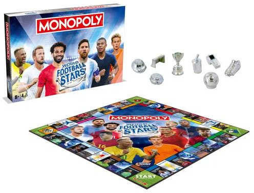 Gra Monopoly World Football Stars. Pudełko z graczami, plansza z graczami i pionki.
