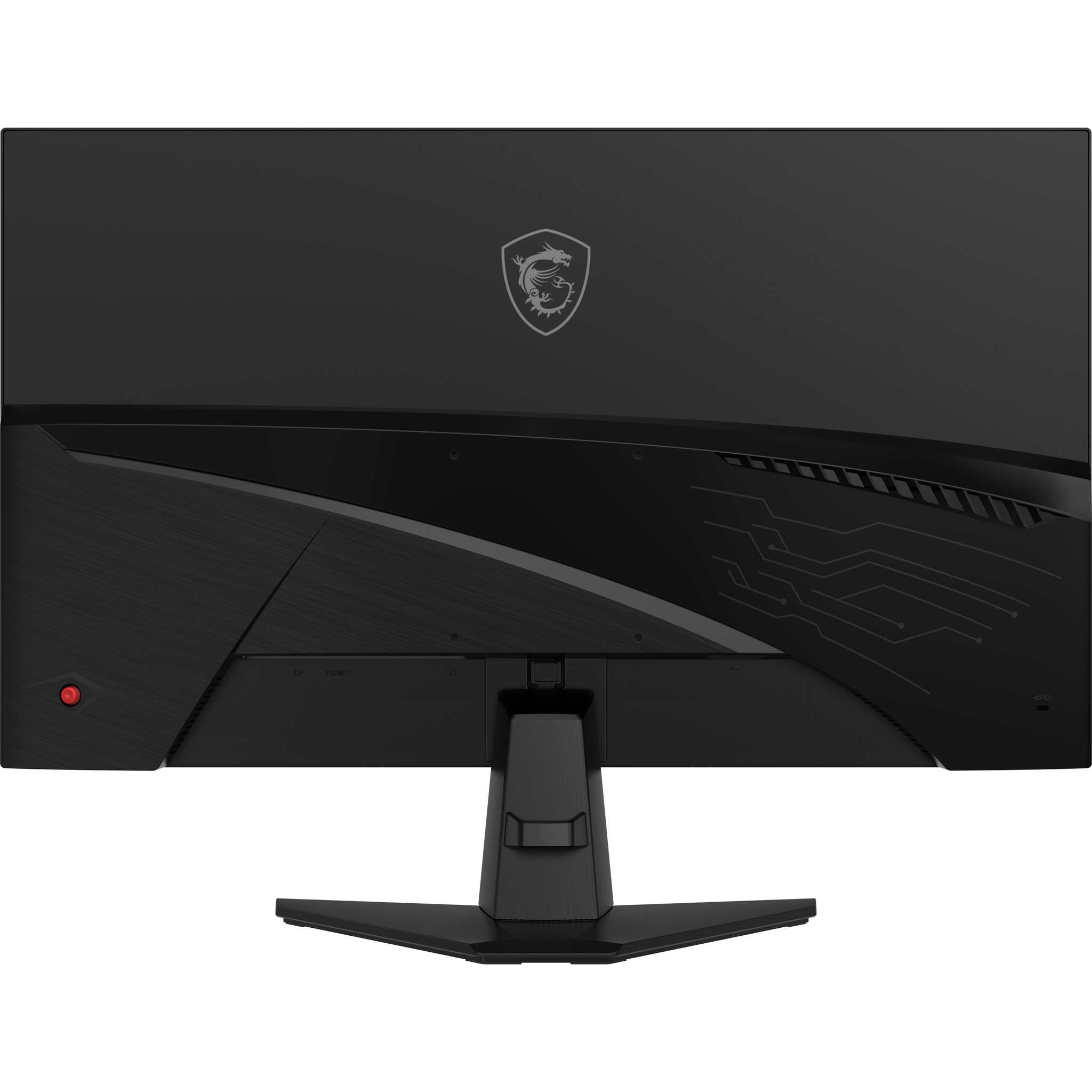 Fekete számítógép monitor MSI logóval. Van egy állványa és portok láthatók alul. Egy piros bekapcsológomb van az oldalon.
