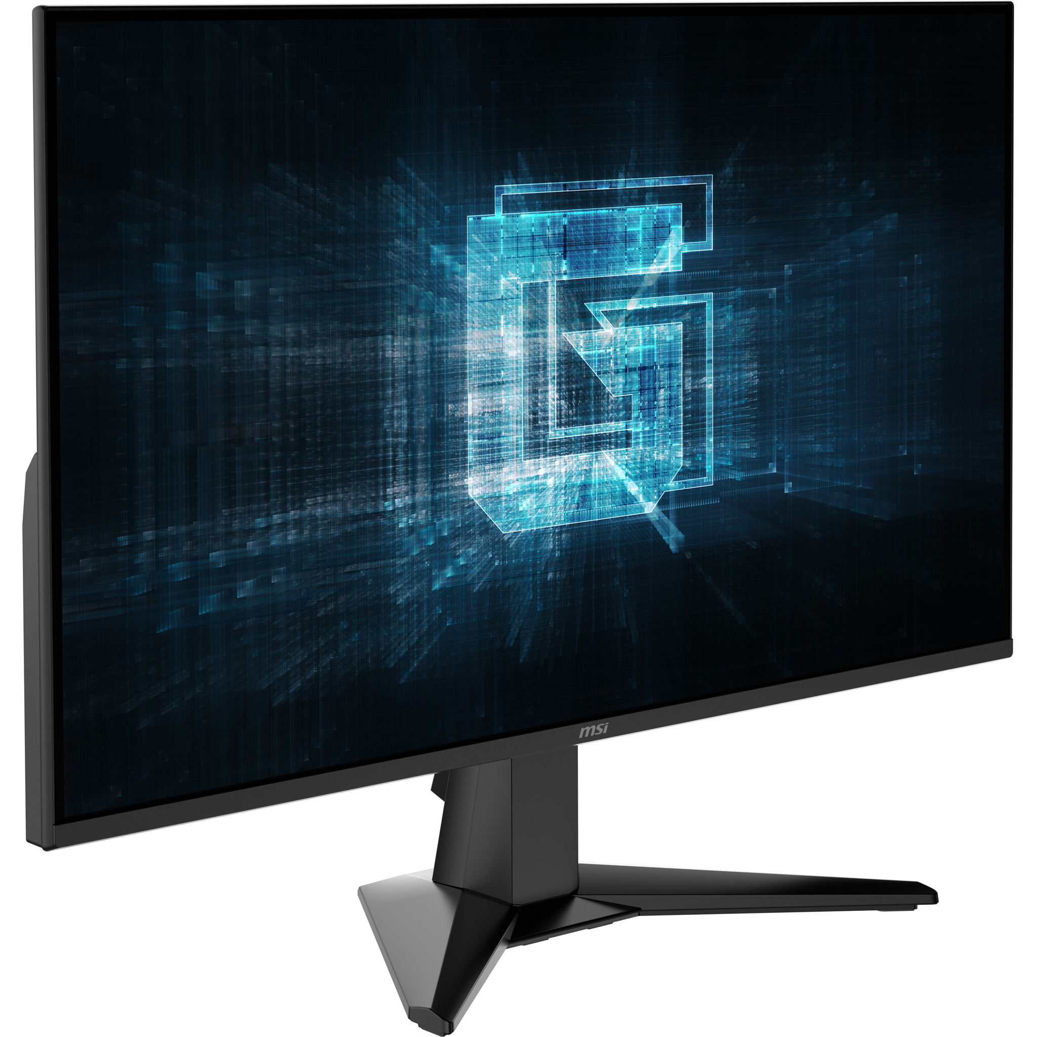 Egy fekete MSI számítógép monitor kék absztrakt grafikával a képernyőn. A monitor egy fekete állványon van.