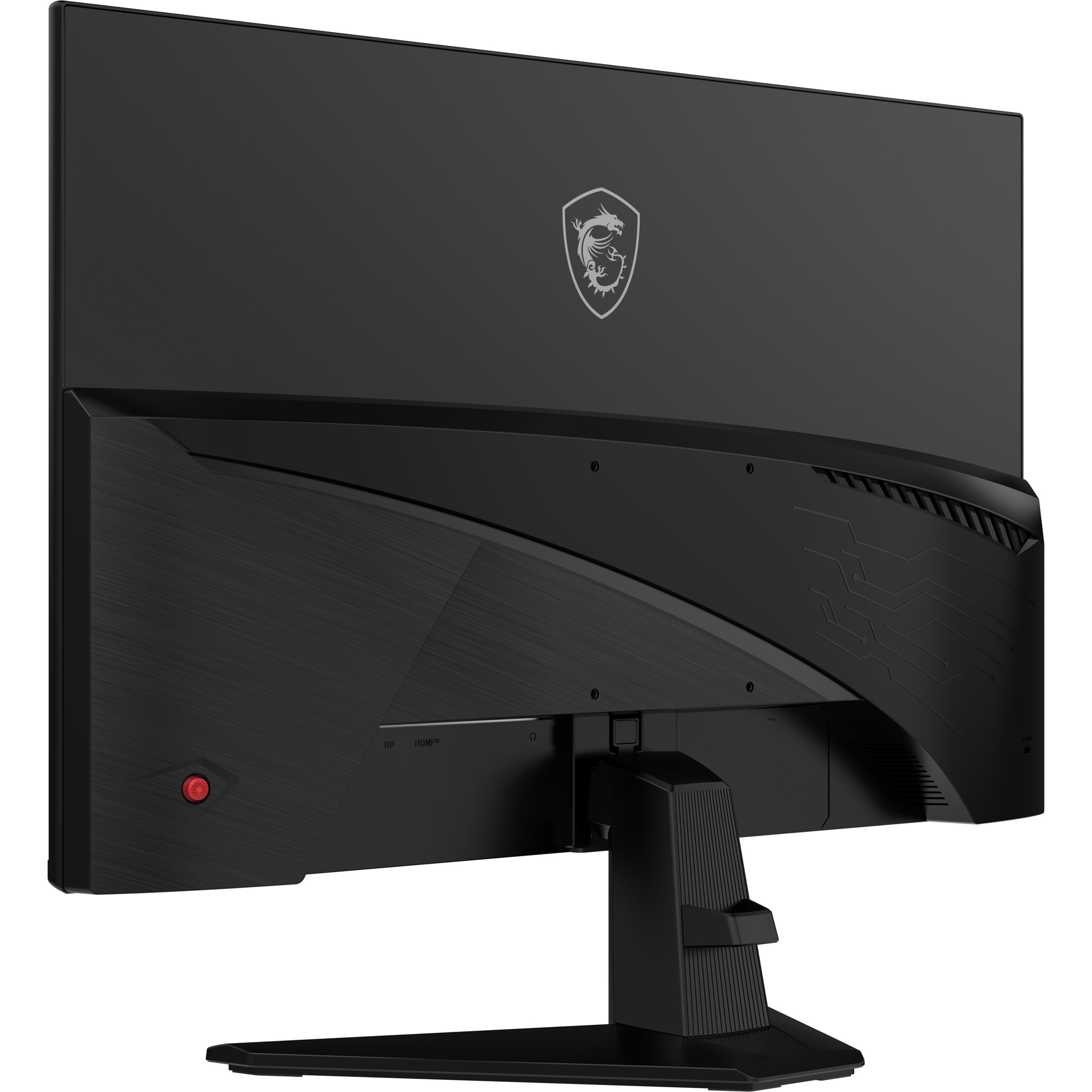 Fekete MSI monitor, hátulnézet. Állvánnyal, portokkal és piros bekapcsológombbal.