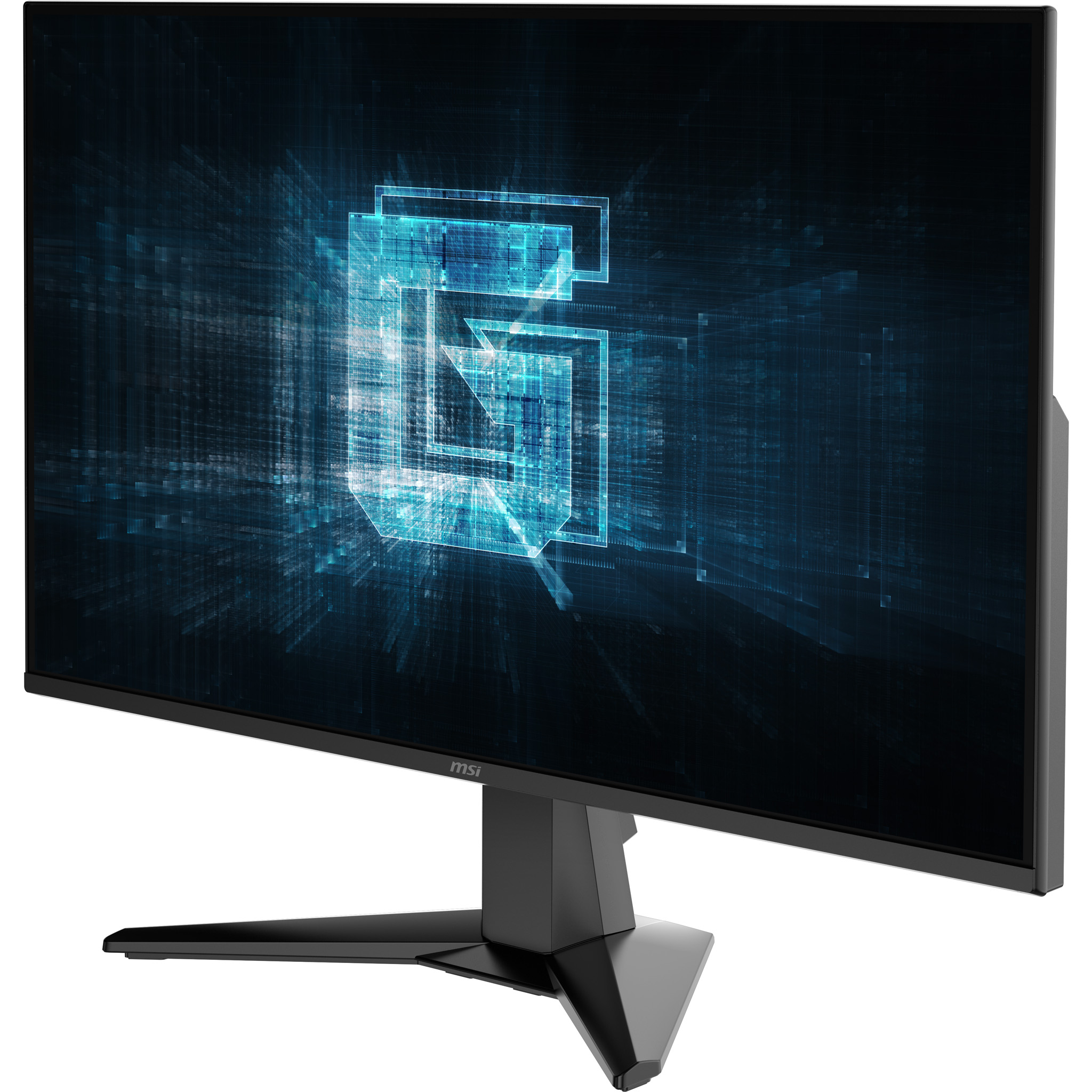 MSI monitor kék absztrakt dizájnnal a képernyőn, fekete kerettel és állvánnyal, fehér háttéren.