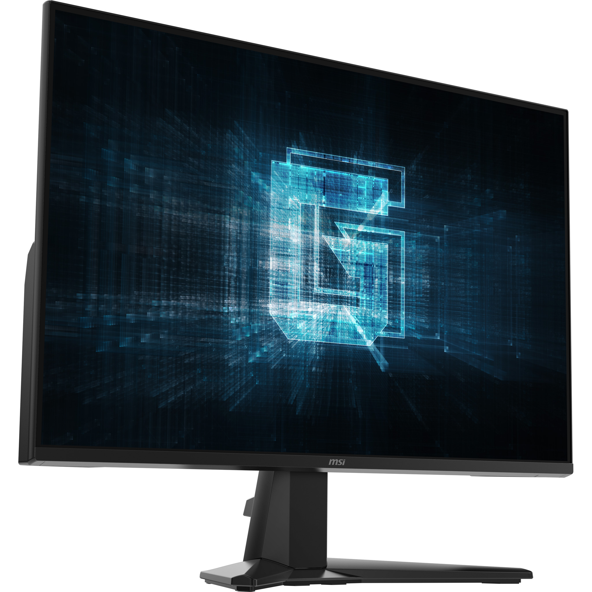 Egy fekete MSI számítógép monitor kék absztrakt grafikát jelenít meg. A monitor egy fekete állványon áll, fehér alapon.