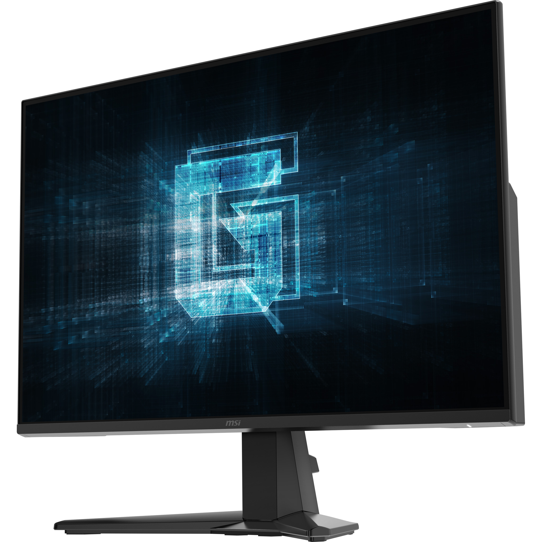 Fekete számítógép monitor digitális kék absztrakt háttérrel. Az MSI logója látható alul.