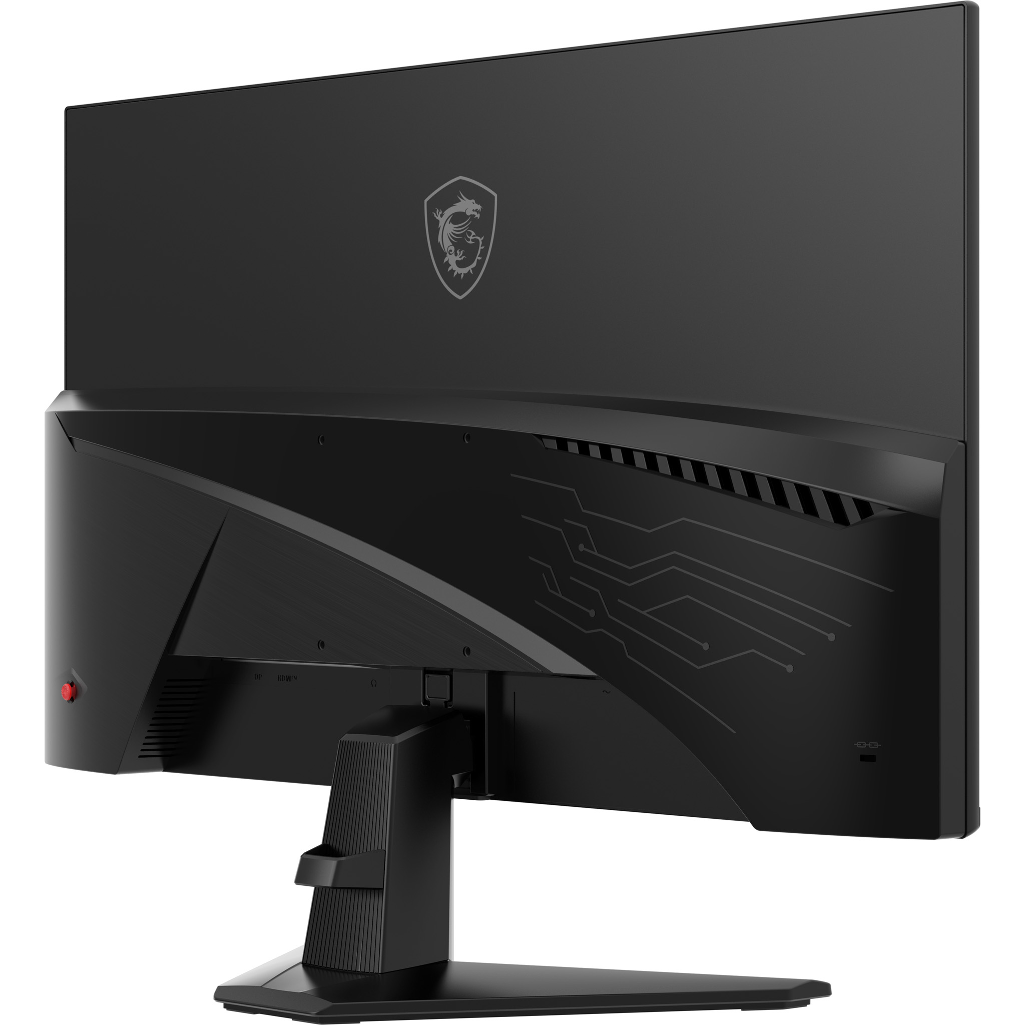 Fekete MSI monitor hátulnézete. Sárkány logó, portok és állvány látható. Piros bekapcsológomb is látható.
