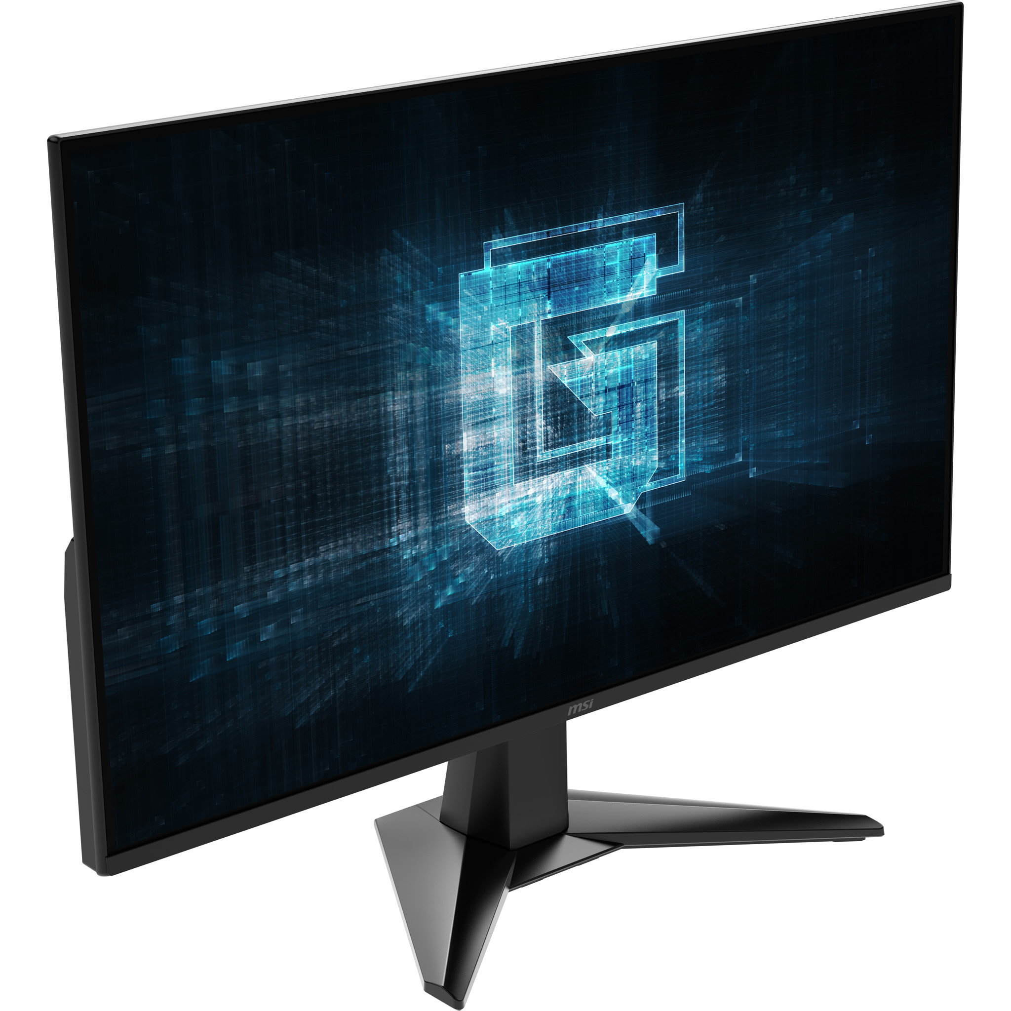 Fekete MSI monitor kék absztrakt grafikával. Az állvány fekete, a háttér fehér.