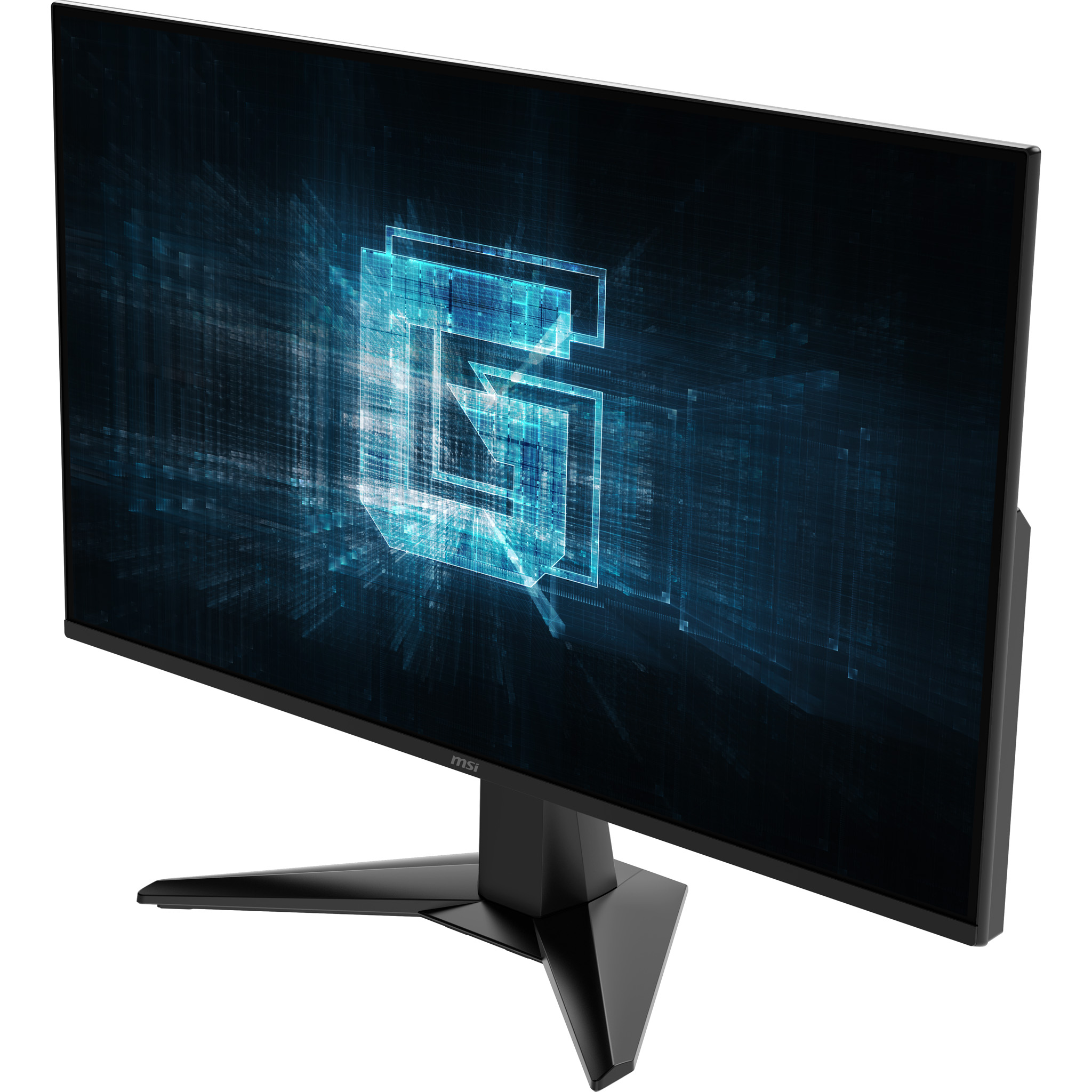 Egy fekete MSI gamer monitor, kék absztrakt dizájnnal, nagy G betűvel. Az állvány fekete.