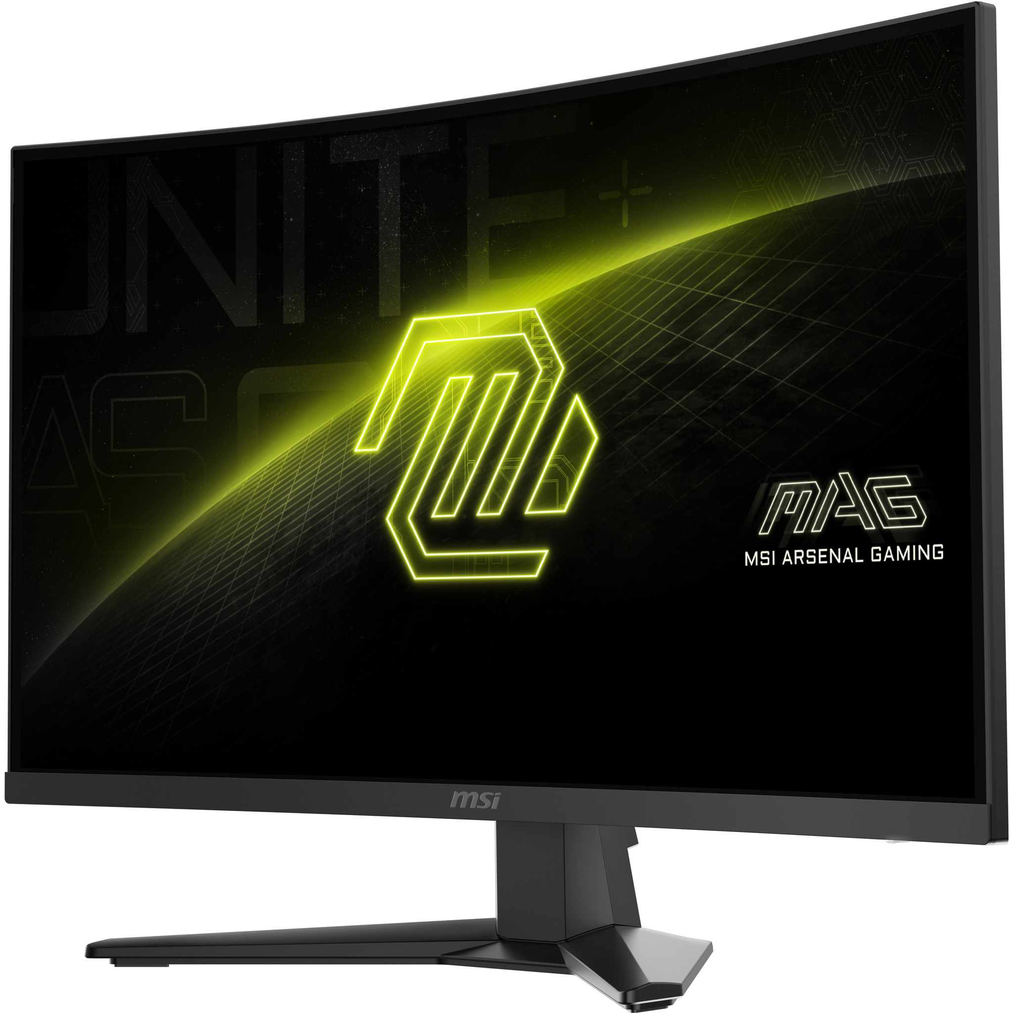Egy ívelt MSI gaming monitor. A képernyő neon logót és a 'MAG' márkát jeleníti meg. A talp fekete.
