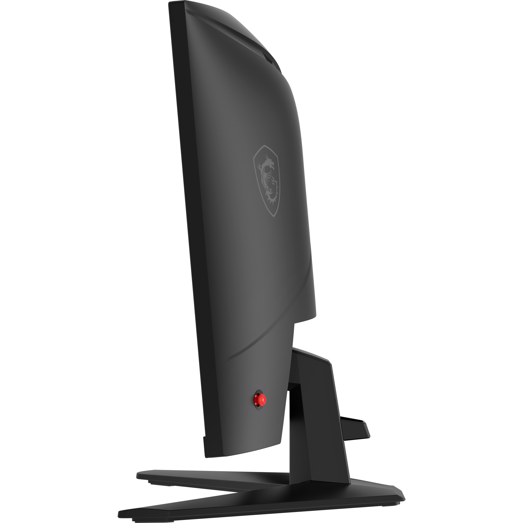 Fekete MSI monitor, oldalsó nézet. Sárkány logóval, piros gombbal, állvánnyal, fehér háttéren.