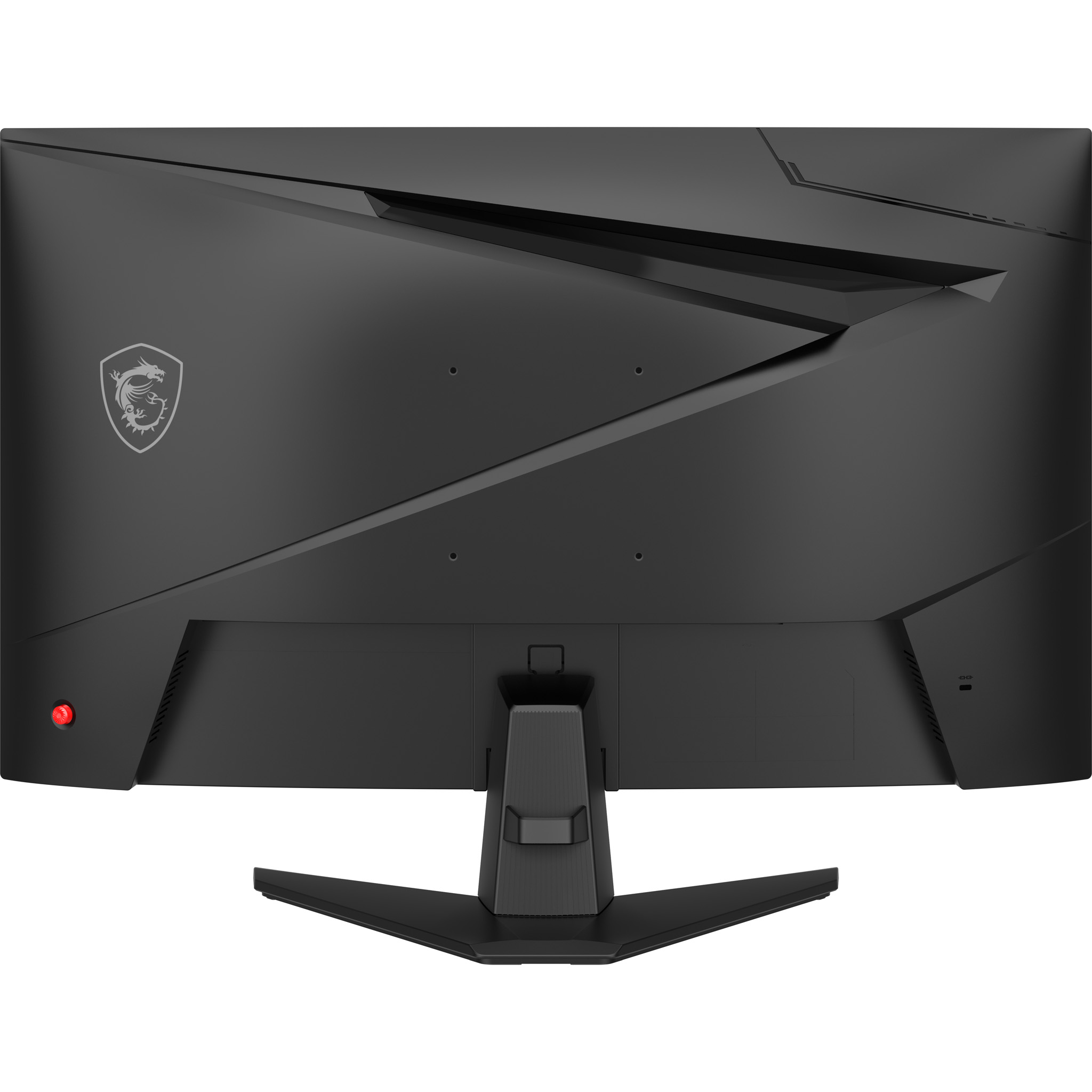 Egy fekete MSI monitor hátulja látható. Van rajta állvány, logó és dizájnvonalak. Egy piros jelzőfény világít.