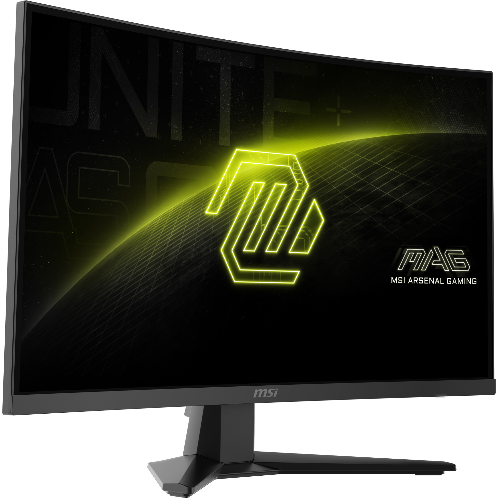 Ívelt MSI gamer monitor. A képernyő sárga logót mutat fekete háttérrel, az MSI logója alul.