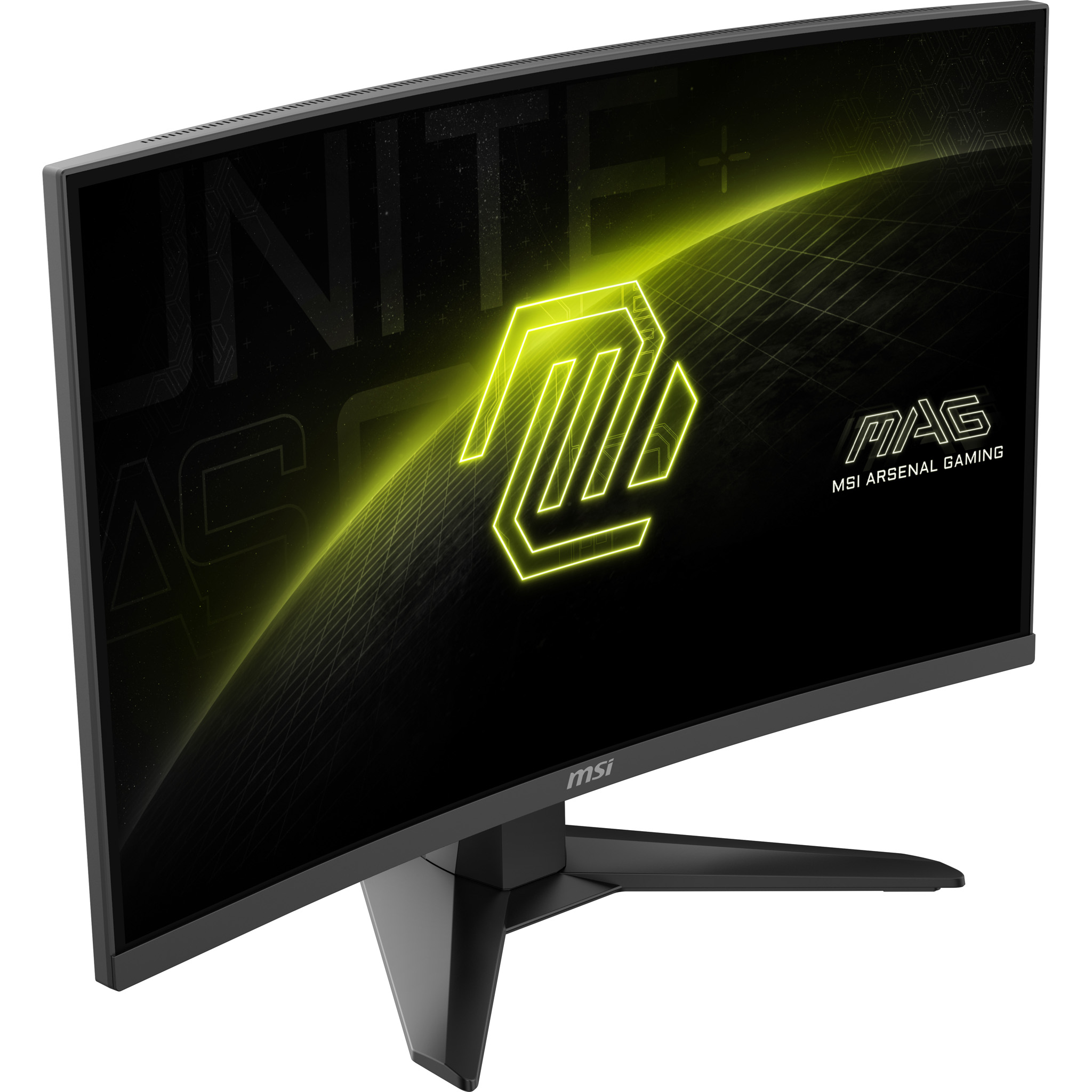 Ívelt MSI gamer monitor. Fekete keret, fekete állvány és egy neon sárga logót és szöveget megjelenítő képernyő sötét háttéren.