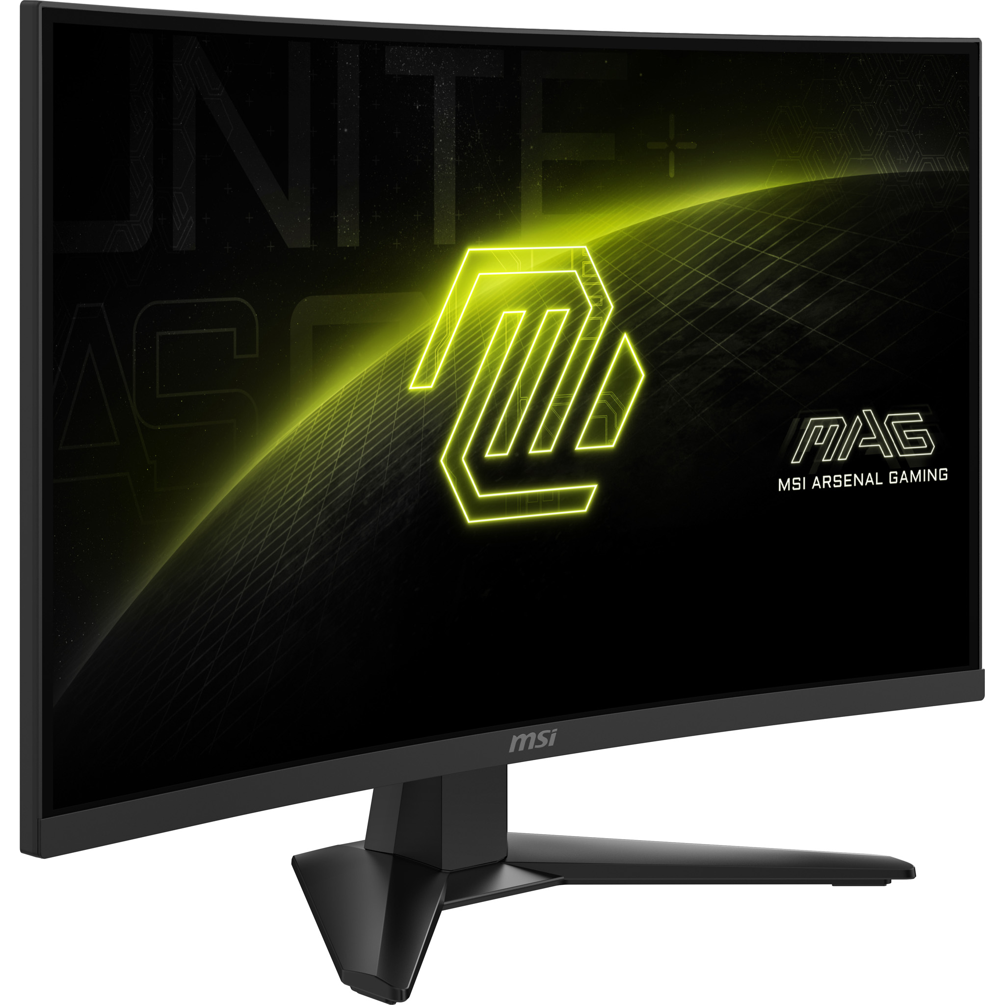 Ívelt fekete MSI monitor. Neon sárga logó és szöveg a képernyőn. Fekete állvány. Fekete háttér.