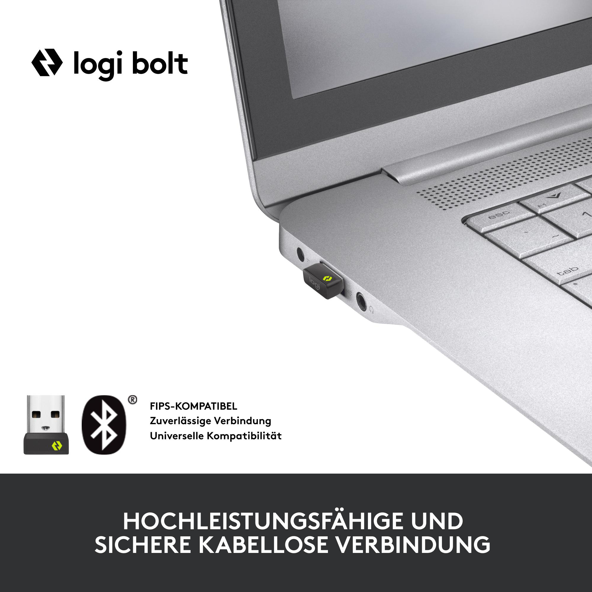 Ein Laptop mit eingestecktem USB-Empfänger. Das Logitech-Logo ist sichtbar, zusammen mit den Worten 'Hochleistungsfähige und sichere kabellose Verbindung'.