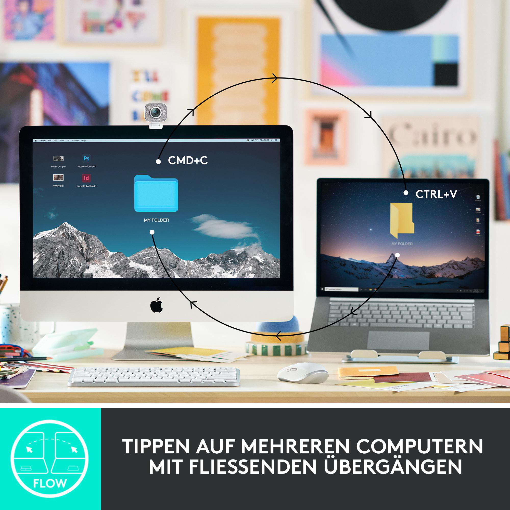 Zwei Computer mit Berglandschaft. Pfeile zeigen Kopier-/Einfügefunktion mit CMD+C und STRG+V.