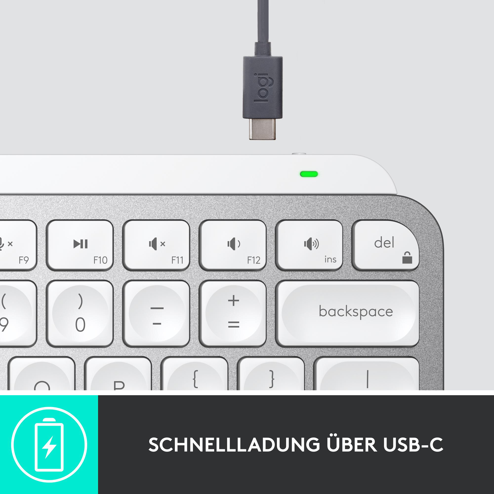 Eine weiße Tastatur mit silbernen Tasten. Ein USB-C-Kabel ist eingesteckt. Text unten: SCHNELLLADUNG ÜBER USB-C.