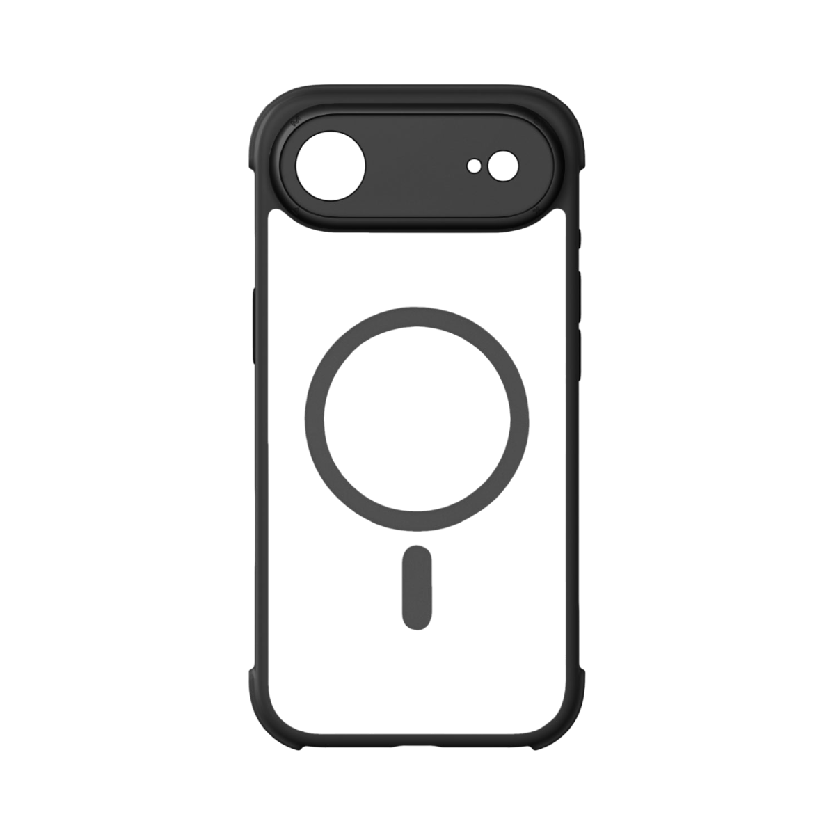 Şeffaf arka yüzeye sahip siyah bir telefon kılıfı. Manyetik bir halkası ve kamera açıklığı var. Arka plan siyahtır.