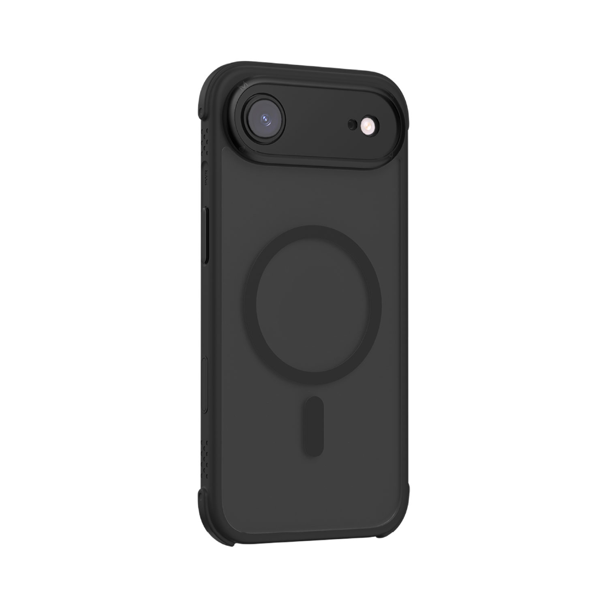 Kamera çıkıntısı ve manyetik halkası olan siyah bir telefon kılıfı. Kılıf koyu gri renkte ve beyaz bir arka plan üzerinde.