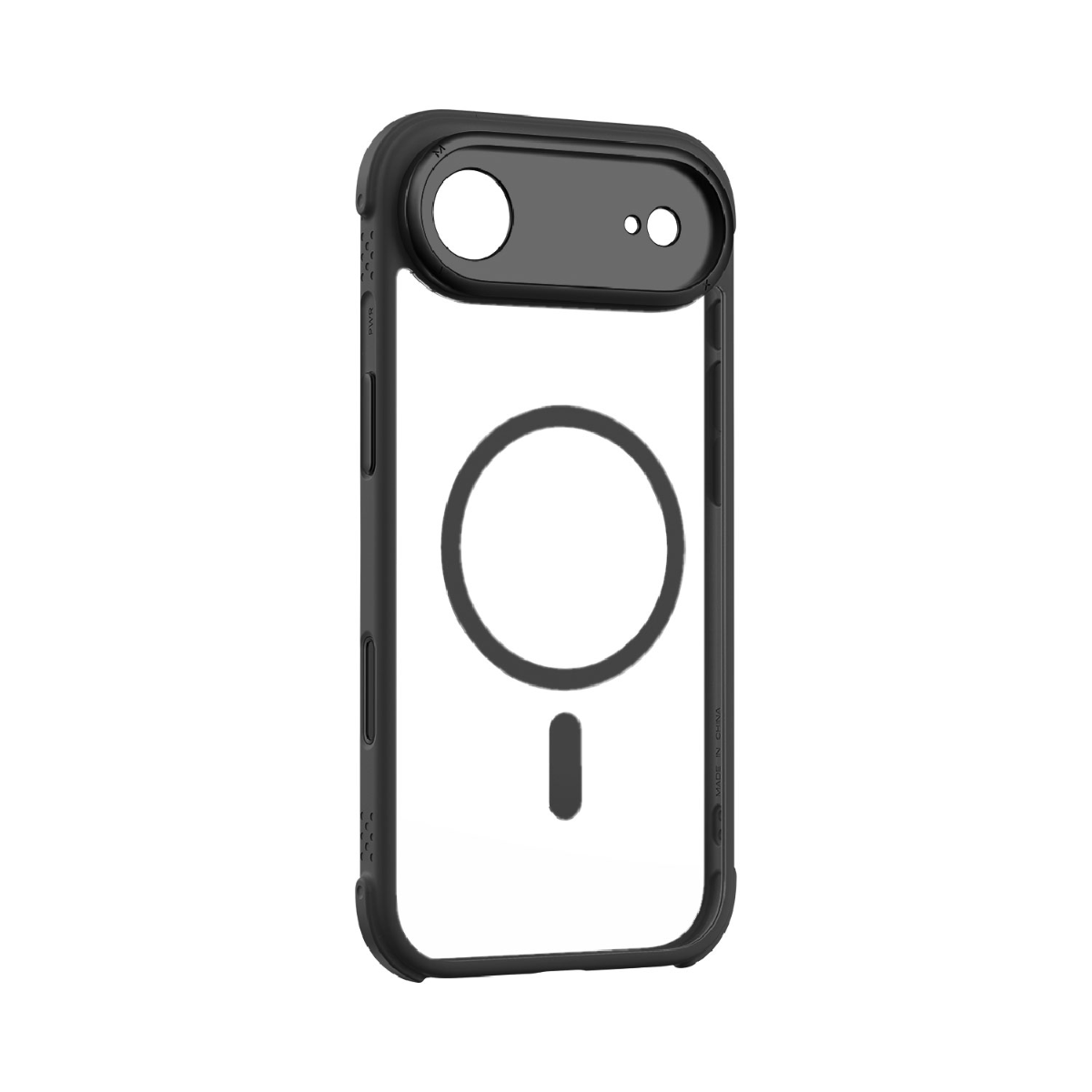 Siyah kenarları ve siyah kamera modülü olan şeffaf bir telefon kılıfı. Kılıfın içinde siyah bir daire ve çizgi var.