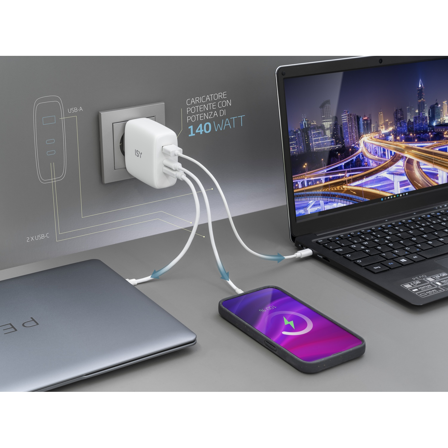 Un caricabatterie bianco alimenta un laptop, un telefono e un laptop. Il telefono mostra la ricarica. Il testo dice '140 WATT'.