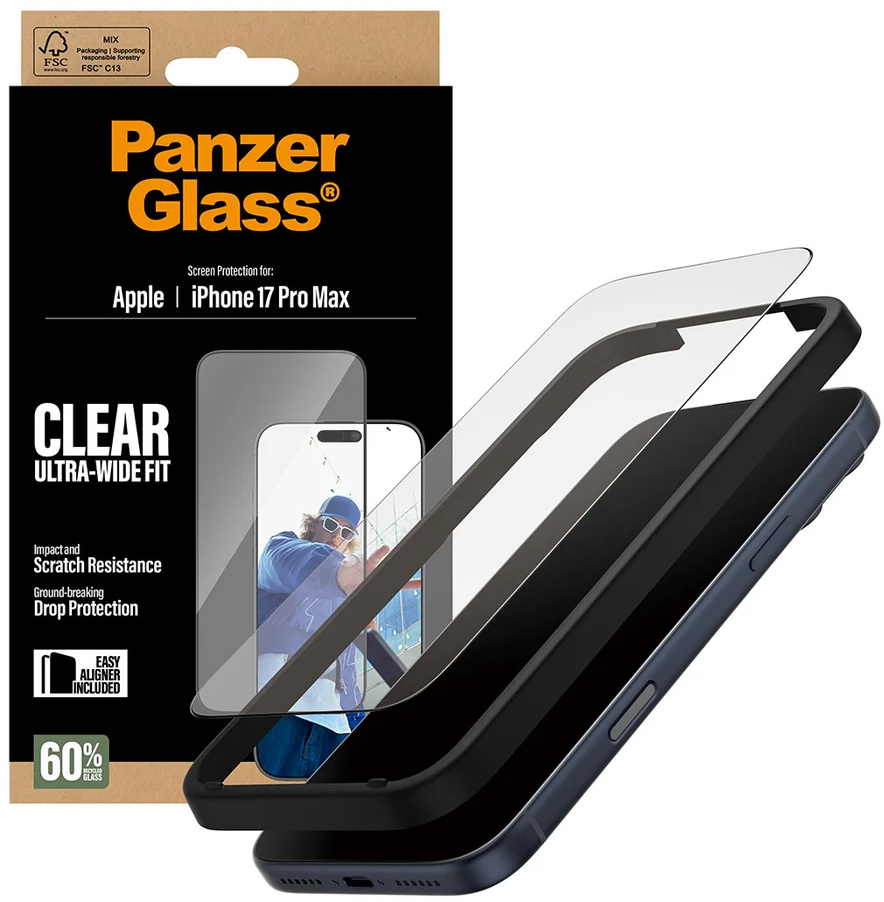Ein Panzer Glass Displayschutz-Kit, iPhone 17 Pro Max. Enthält Displayschutz, Handyhülle und Verpackung.