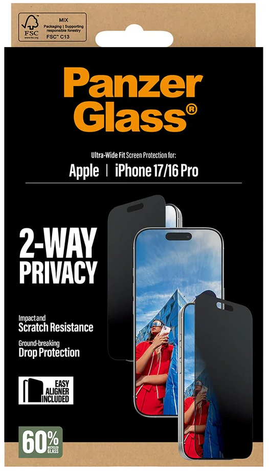 Eine Handy-Displayschutzbox mit dem Markennamen Panzer Glass. Sie bewirbt 2-Wege-Privatsphäre und ist für das iPhone 17/16 Pro.