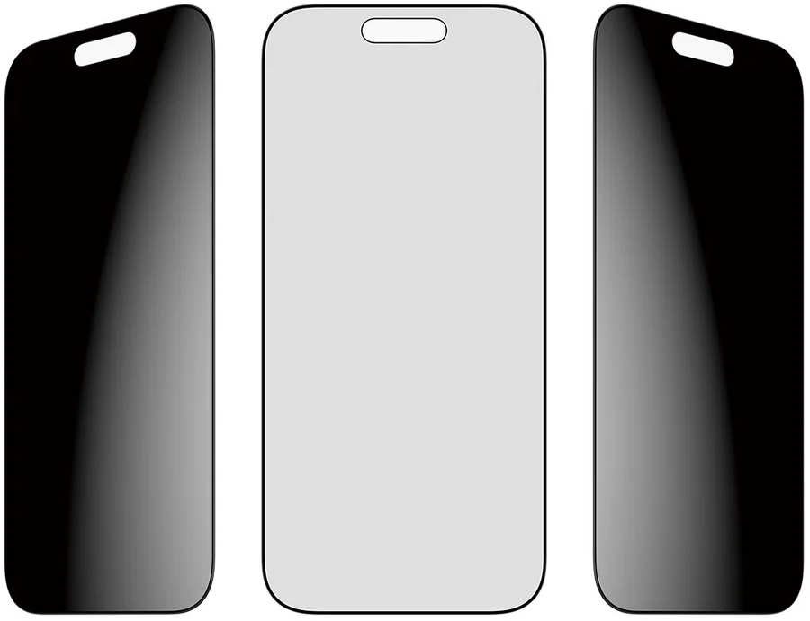 Illustration eines Displayschutzglases. Mitte hellgrau. Seiten schwarz mit Kerbe oben. Abgerundete Ecken.