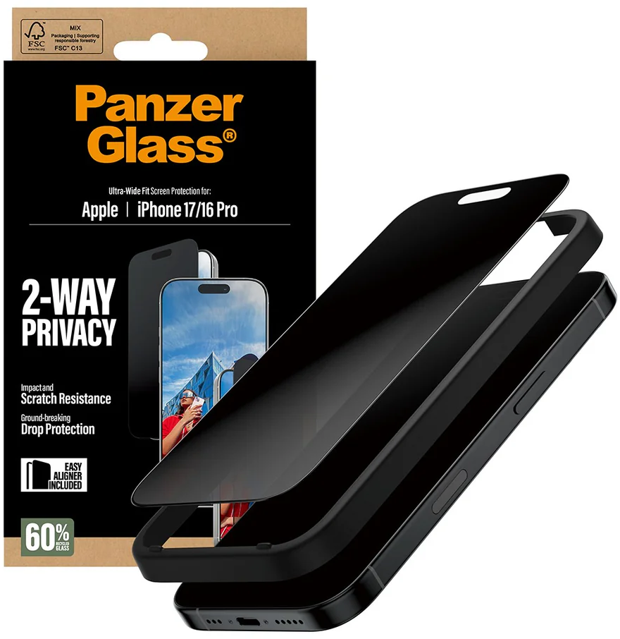 Das Bild zeigt einen PanzerGlass-Displayschutz für das iPhone. Die Verpackung und ein Telefon mit dem Schutz sind abgebildet. Der Schutz ist schwarz.