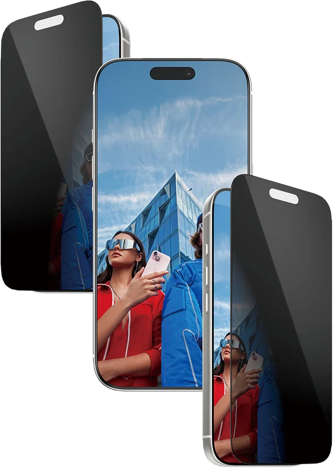 Drei Smartphones, eines zeigt Menschen unter blauem Himmel, die anderen beiden sind schwarz. Menschen tragen Sonnenbrillen und halten ein Handy.