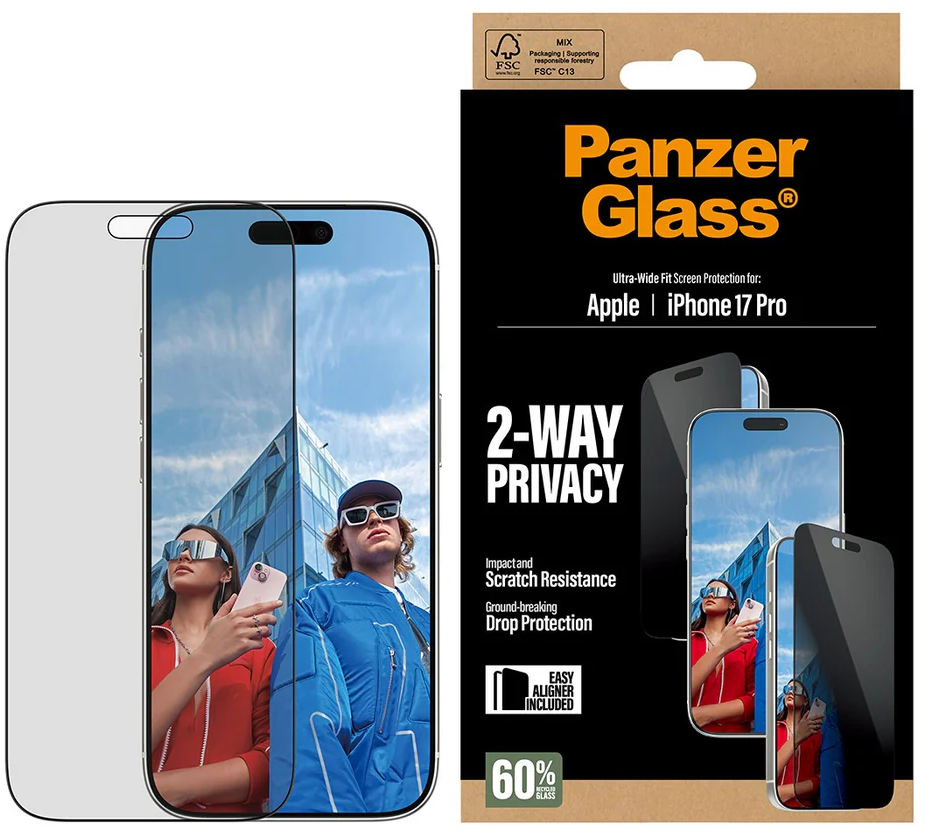 Produktaufnahme: Panzer Glass Displayschutz für iPhone 17 Pro. Zeigt zwei Personen, ein Telefon und Verpackung mit Merkmalen.