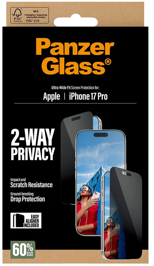 Verpackung für den iPhone 17 Pro Displayschutz. Merkmale umfassen 2-Wege-Datenschutz, Stoßfestigkeit und einfache Ausrichtung. Frau in roter Jacke.