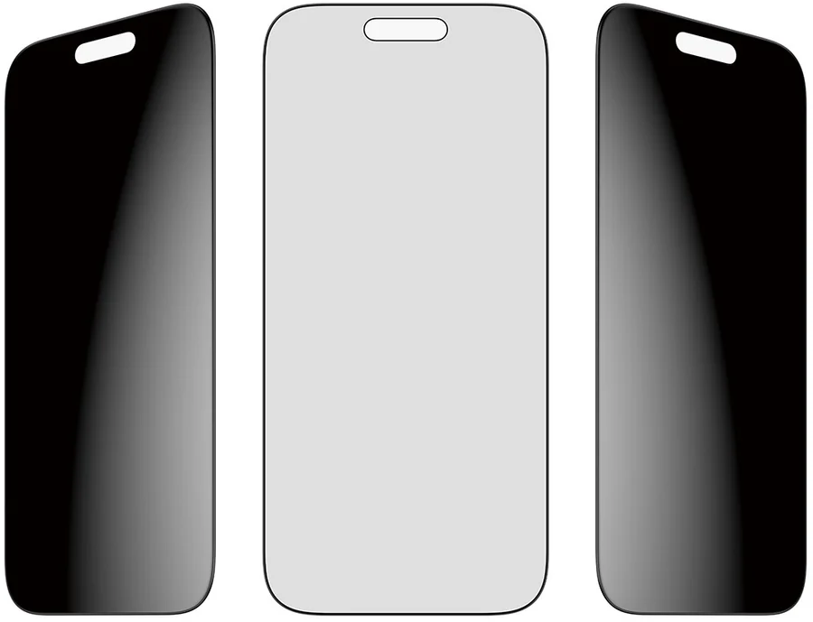 Drei Smartphone-Displayschutzfolien. Die linken und rechten sind schwarz, die mittlere ist hellgrau.