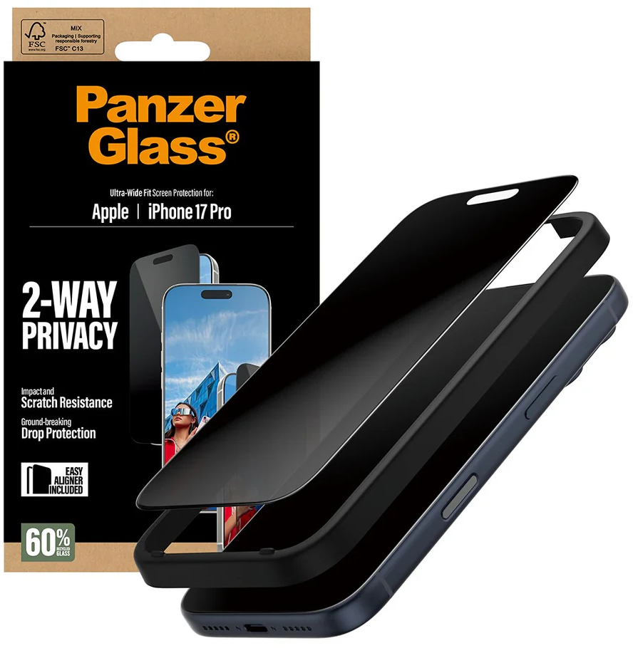Ein PanzerGlass-Displayschutz für das iPhone 17 Pro. Die Verpackung ist schwarz mit orangefarbenem Text. Der Schutz ist schwarz und über einem Telefon abgewinkelt.