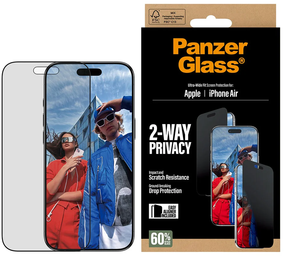 Das Bild zeigt eine Displayschutzfolienbox mit einem Telefon, das zwei Personen und die Worte Panzer Glass, 2-WAY PRIVACY und iPhone Air anzeigt.