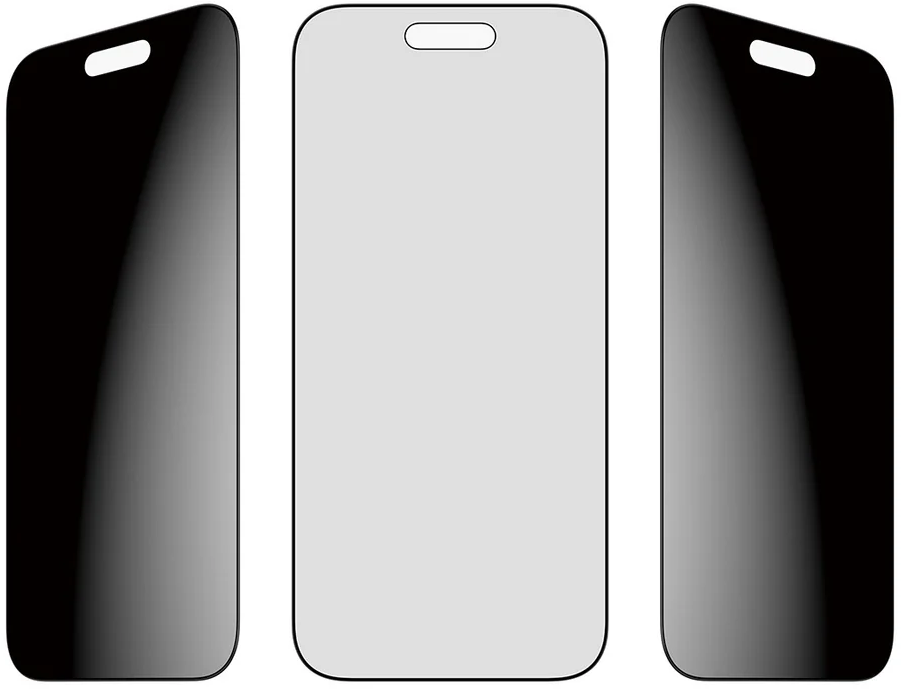 Drei Smartphone-Displayschutzfolien. Die mittlere ist hellgrau, die Seiten sind schwarz. Alle haben oben einen Ausschnitt für die Kamera.