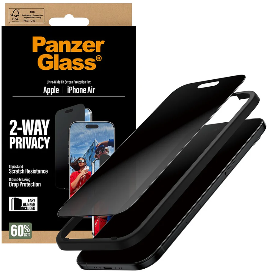 Ein Panzer Glass Displayschutzprodukt. Die Verpackung zeigt ein Telefon mit einem Displayschutz. Der Schutz ist schwarz. Auf der Verpackung steht '2-Wege-Datenschutz'.
