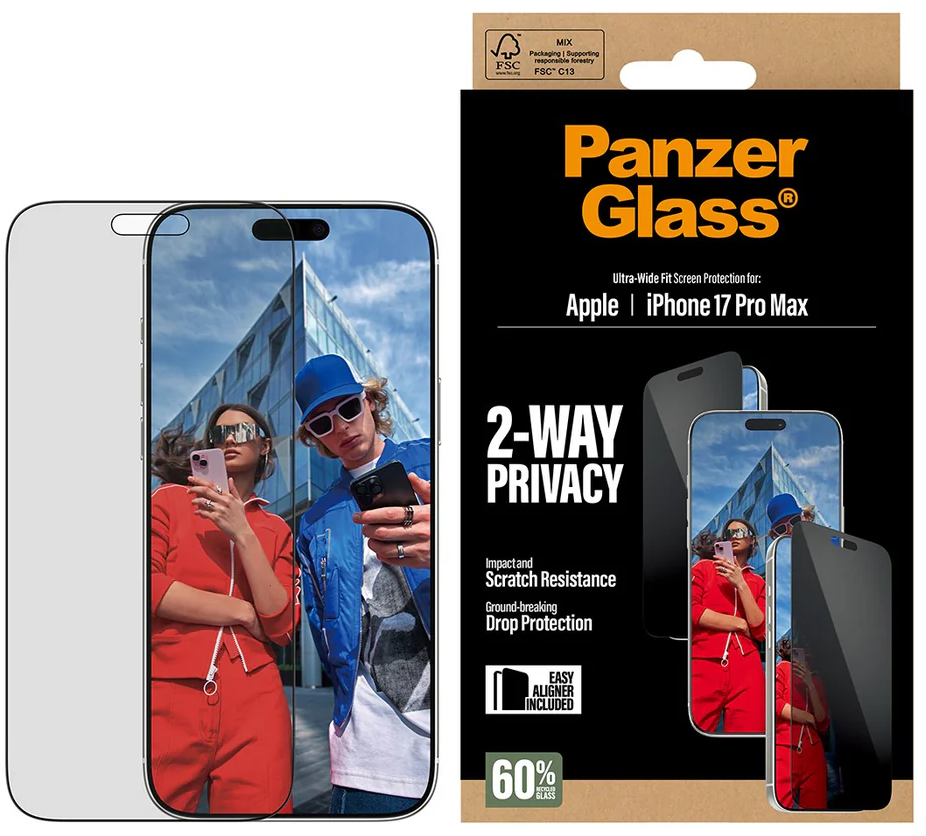 Das Bild zeigt einen Displayschutz für das iPhone 17 Pro Max. Zwei Personen spiegeln sich im Bildschirm. Produktverpackung rechts.