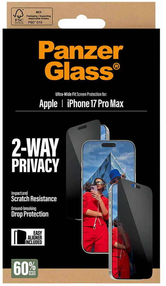 Ein PanzerGlass iPhone 17 Pro Max Displayschutz. Zeigt ein Telefon mit einer Frau in rotem Overall und Text: 2-WAY PRIVACY.
