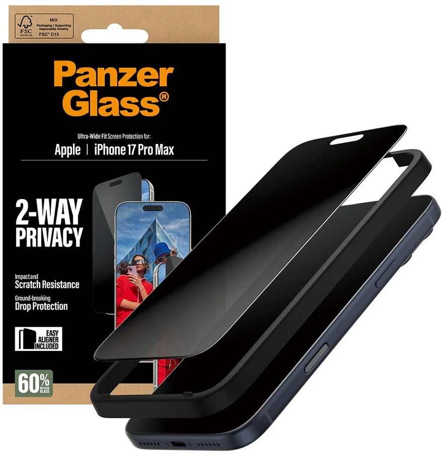 Ein Displayschutz und eine Handyhülle werden angezeigt. Die Verpackung zeigt Panzer Glass, iPhone 17 Pro Max und 2-Wege-Datenschutz.