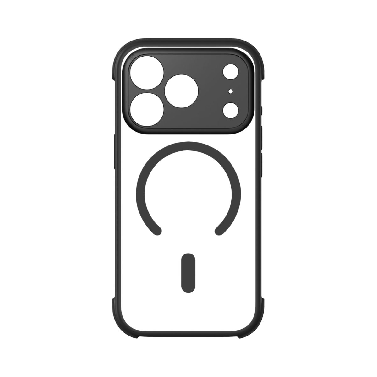 Kamera kesimi olan siyah bir telefon kılıfı. Arkasında bir daire ve çizgi sembolü, magsafe için bir tasarım var.