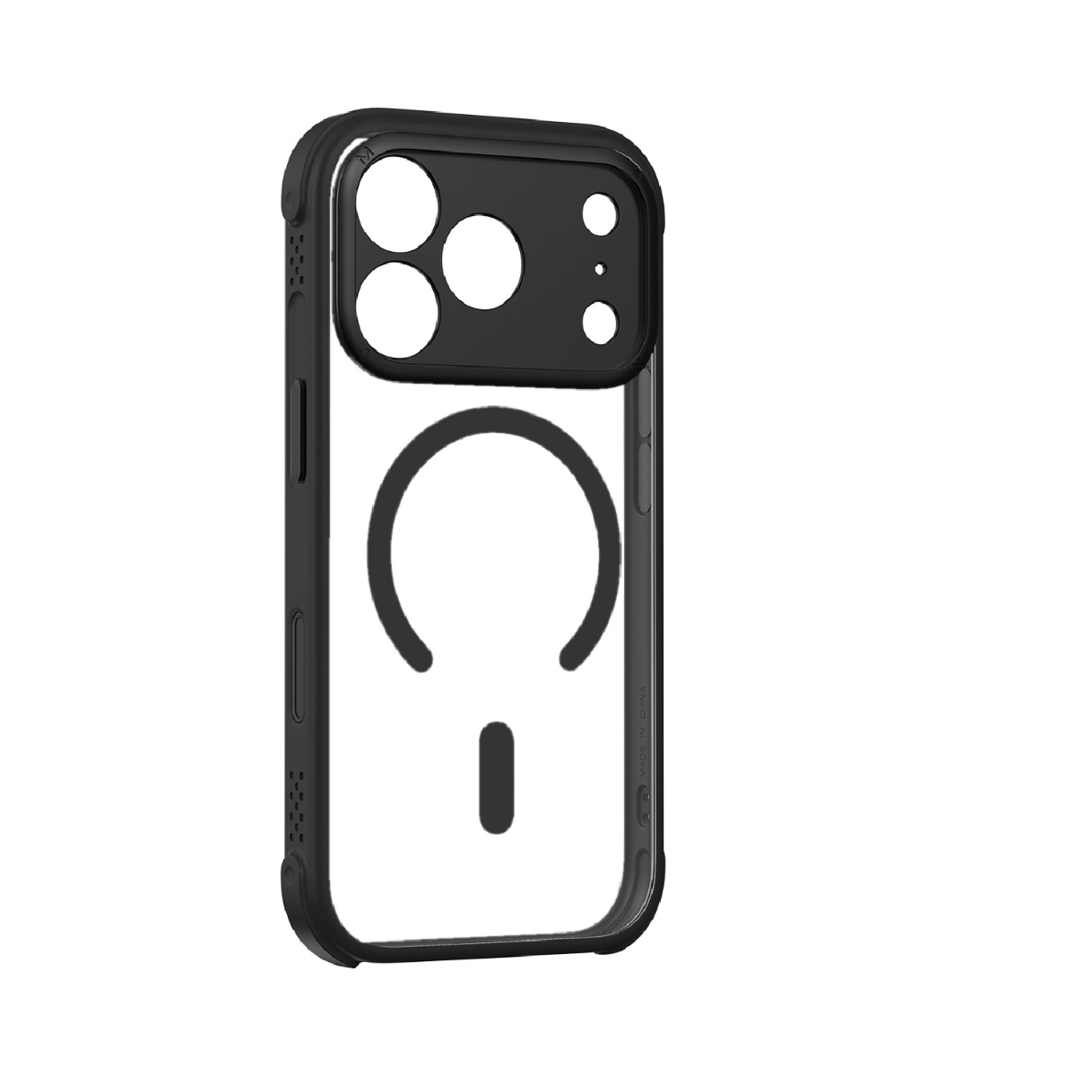 Siyah ve şeffaf telefon kılıfı. Dairelerle bir kamera kesiği var. Ortada bir yarım daire ve bir çizgi var.