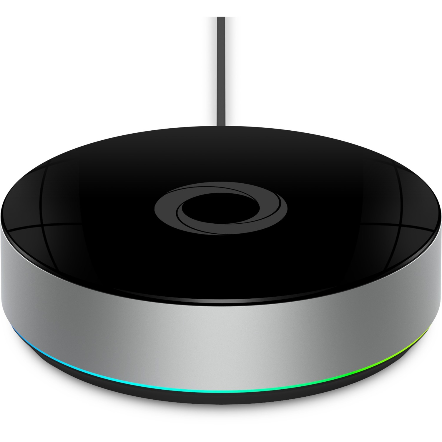 Un dispositivo circular negro y plateado con una luz brillante azul, verde y amarilla en la base. Un cable negro cuelga encima.