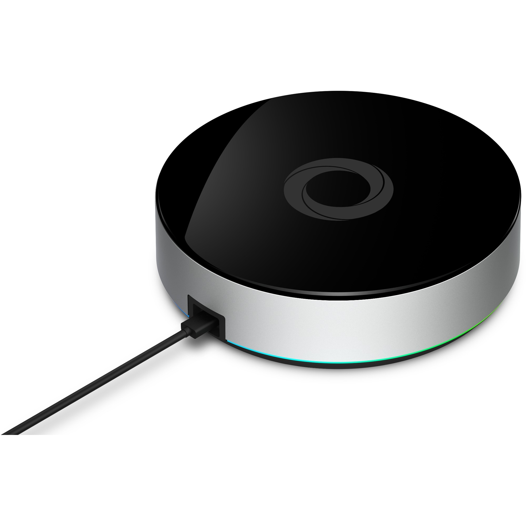 Un dispositivo circular negro y plateado con un logotipo, conectado a un cable negro sobre fondo blanco.
