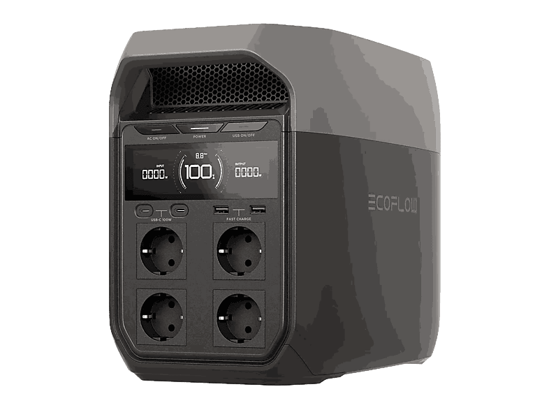 Estación de energía - EcoFlow Delta 3, 1800 W, 1024 Wh, IP65, 2x USB-C, USB-A, 4x CA, 1x CC, Wi-Fi, Bluetooth, Negro