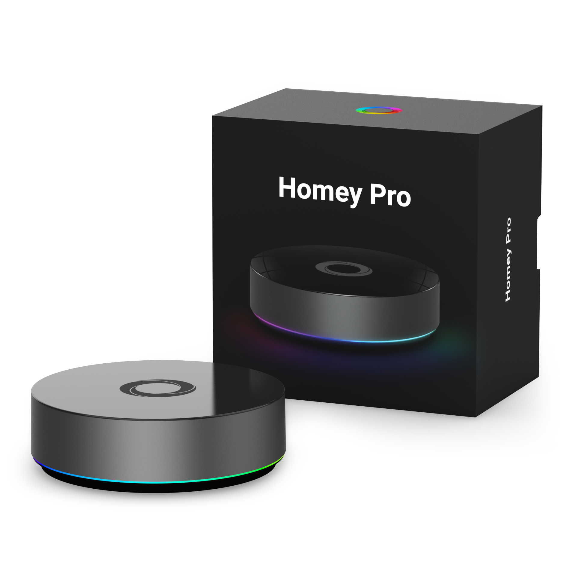 Un dispositivo Homey Pro gris con base multicolor brillante está junto a su caja negra, también etiquetada Homey Pro.