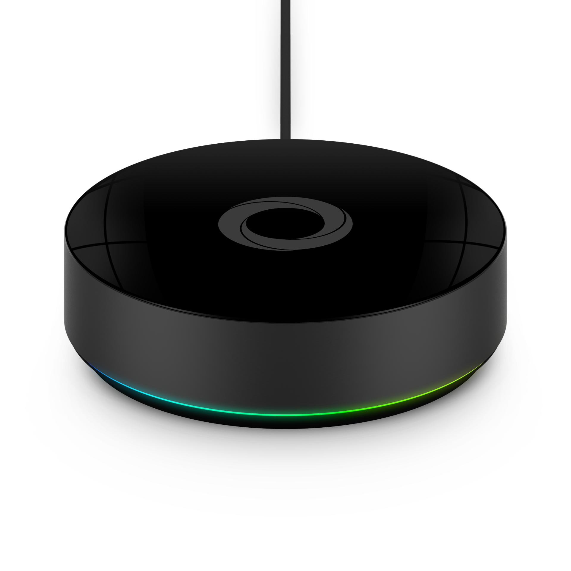 Un dispositivo negro y circular con una luz verde y azul brillante en la parte inferior. El dispositivo tiene un logotipo en la parte superior.