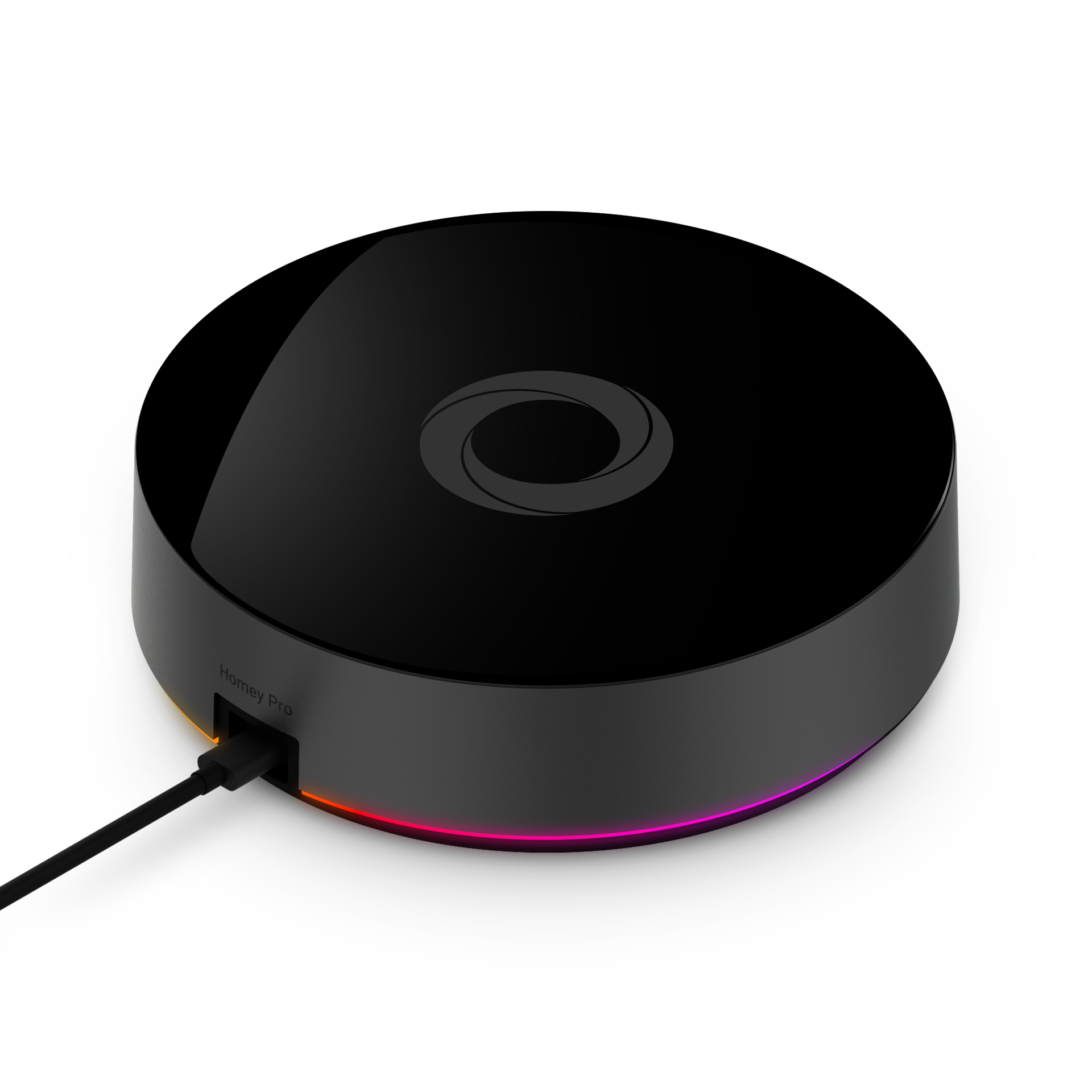 Dispositivo Homey Pro negro con un anillo de luz brillante. Un cable USB está enchufado. El fondo es negro.