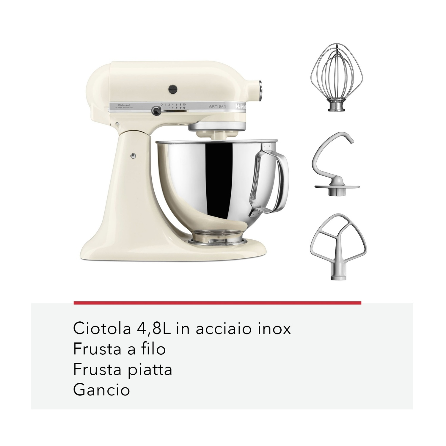 Un robot da cucina KitchenAid color crema con ciotola in acciaio inox e tre accessori: frusta, gancio e frusta piatta.