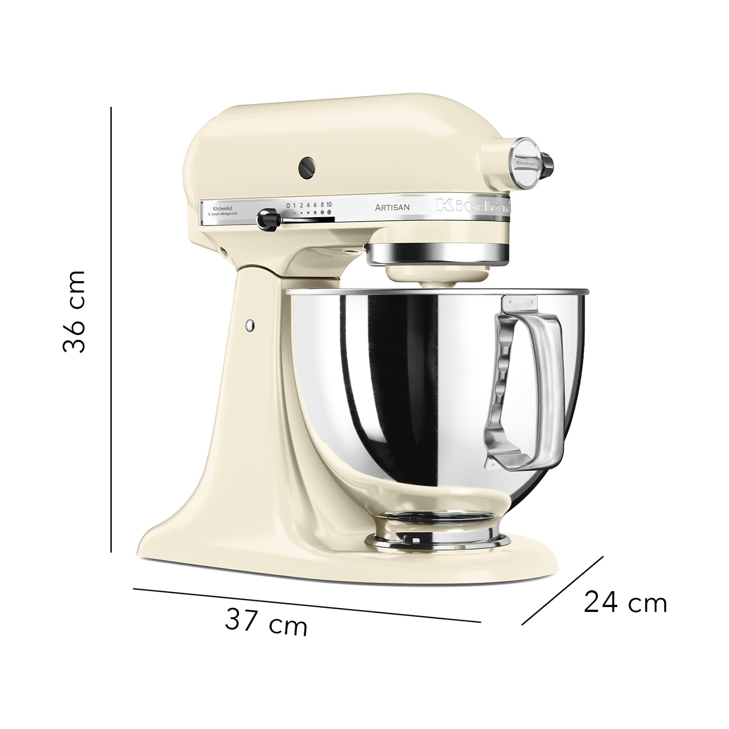 Un mixer a immersione KitchenAid Artisan color crema con una ciotola d'argento, che mostra le dimensioni. Ha un quadrante con numeri e il marchio.